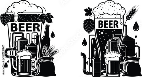 Dynamic compositions illustrating beer brewing elements including glasses, bottles, hops, wheat, and industrial equipment
