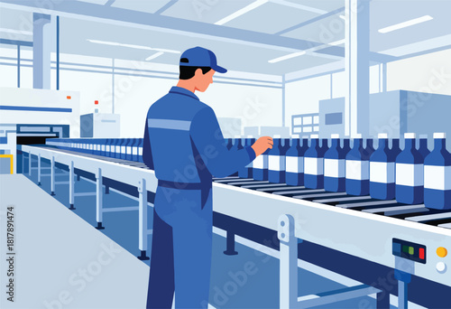 A worker in a blue uniform inspecting bottles on an assembly line within a factory setting
