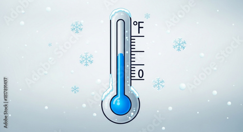Freezing temperatures plummeting to zero Fahrenheit, a winter chill, ice cold thermometer with snowflakes falling, a cold snap weather forecast