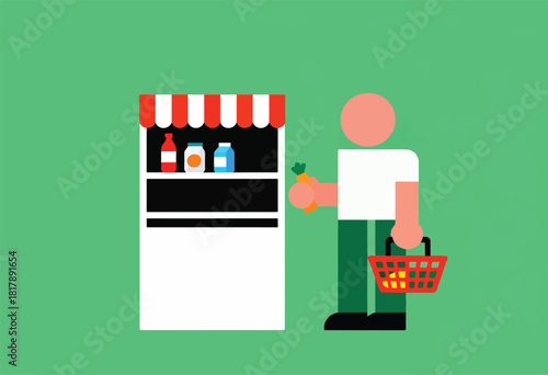 A flat illustration of a customer holding a carrot near a stall with products, plus a shopping basket