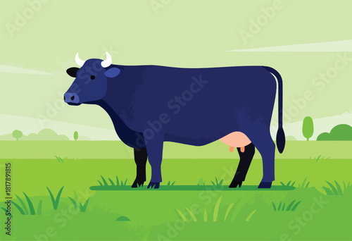 A flat illustration of a blue cow in a green field with trees and a light green gradient sky