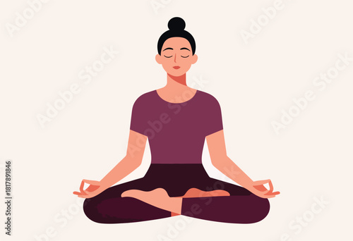 A stylized illustration features a woman in a seated yoga pose, serene, eyes closed, hands forming mudra