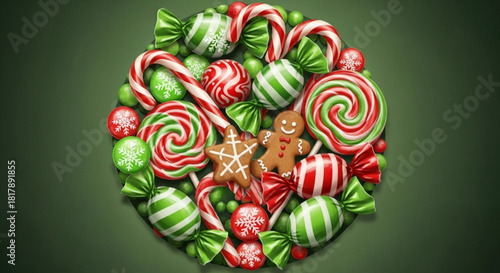 Festive Christmas Candies and Gingerbread Cookies Delightfully Arranged, Perfect for Holiday Greetings, Christmas Cards, and Seasonal Designs