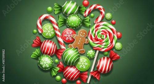 Festive Christmas treats and candy cane swirls bring holiday cheer, perfect for seasonal designs and sweet celebrations, originally a scalable vector graphic