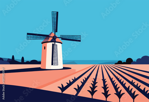 Stylized, geometric illustration of a windmill with large blades set in a pink field with rows of plants, blue sky