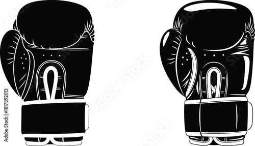 Pair of black boxing gloves in solid silhouette with subtle design variations for combat sports