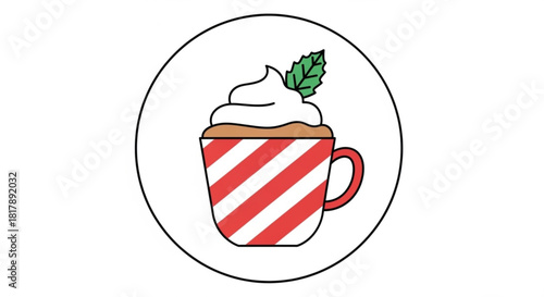 Festive holiday coffee cup with whipped cream and mint, vector art ideal for Christmas promotions and seasonal designs, evokes cozy warmth and cheer