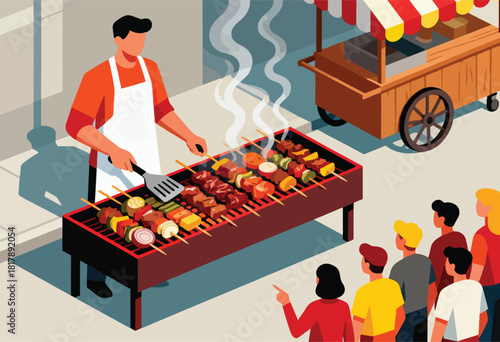 Isometric view shows a street food vendor grilling kebabs. A crowd watches as steam rises. Food cart and people
