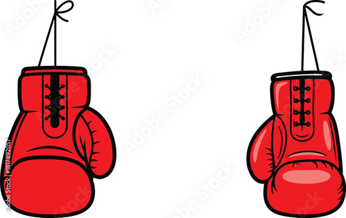 Pair of classic red boxing gloves hanging by laces, symbolizing sports fitness and combat competition