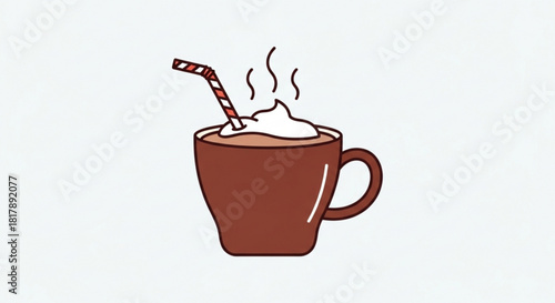 Indulge in Warmth: Enjoy a Delicious Hot Chocolate with Whipped Cream and a Striped Straw, Perfect for Cozy Moments and Sweet Treats, Originally Vector Art