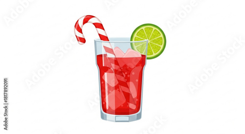 Festive Holiday Drink with Candy Cane and Lime, Perfect for Christmas Celebrations and Winter Cocktails, Sparkling Red Refreshment in a Glass