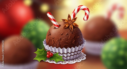 Festive chocolate truffle adorned with candy canes and star anise, perfect for holiday treats and seasonal celebrations, a vector-based design for versatile use