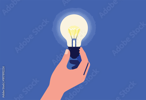 Illustration depicts a hand holding a glowing lightbulb against a blue background, symbolizing ideas