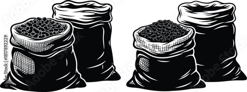 Sacks filled with roasted coffee beans, some open with beans visible, representing trade and harvest