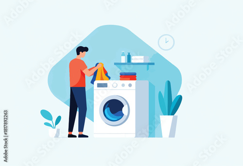 Flat illustration of a person doing laundry with a washing machine, shelf, plant, and clock on the wall