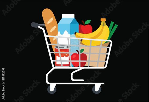 A flat illustration of a shopping cart filled with groceries against a black background