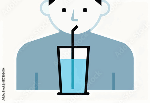 Geometric illustration of a person drinking water from a glass with a straw. Simple colors