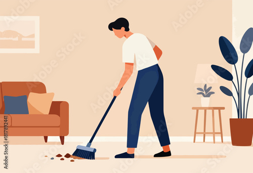 A person in a room sweeps a mess with a broom. It's a colorful, flat illustration of a modern, clean interior