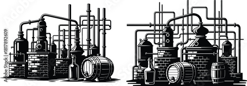 Traditional distillery setup with complex piping, stills, and aging barrels, showing beverage production process