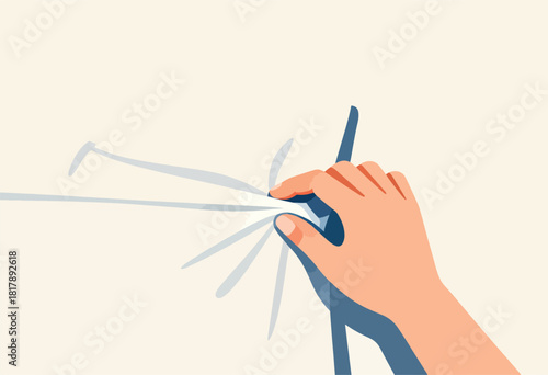 A hand, with colored shadows, appears to break a flat surface that has radiating lines from the point of impact