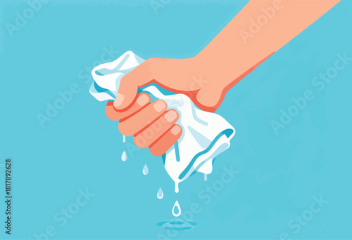 A hand squeezing a wet cloth, droplets falling, on a bright blue background