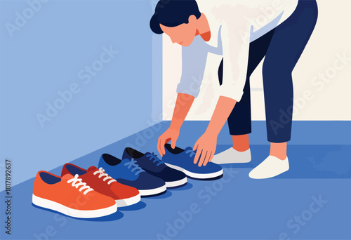 A person with dark hair, wearing a white shirt and navy pants, examines a row of shoes