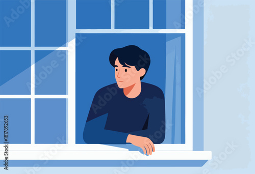 A person looks out of a window. Blue tones and simple style depict a man in a navy shirt