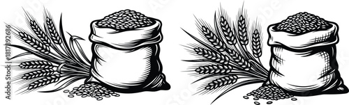 Traditional sacks filled with grain alongside ripe wheat ears and scattered kernels for harvest themes