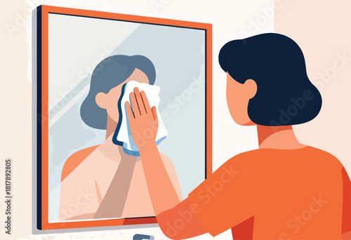 An illustration shows a person wiping their face in a mirror, reflection visible. The second person is on the right