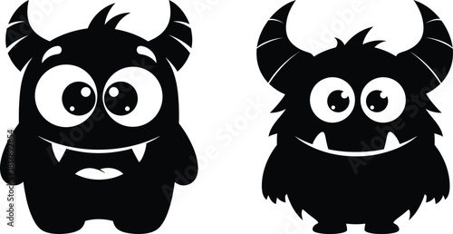 Two black monster characters with distinct horn shapes and friendly smiles for playful designs