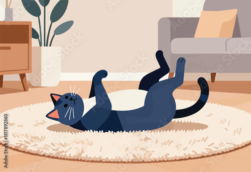 A relaxed cartoon cat in a modern, cozy interior, rolls on a rug with furniture and plants in the background