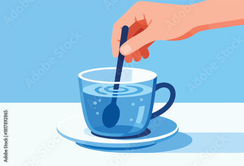 A hand stirs water in a clear glass teacup with a dark spoon, set on a saucer, blue background