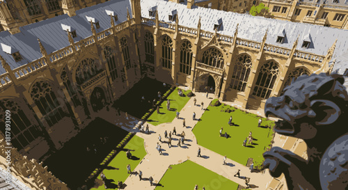 An aerial perspective reveals the intricate Gothic architecture of a historic university courtyard, bustling with people, overlooked by a stone gargoyle.