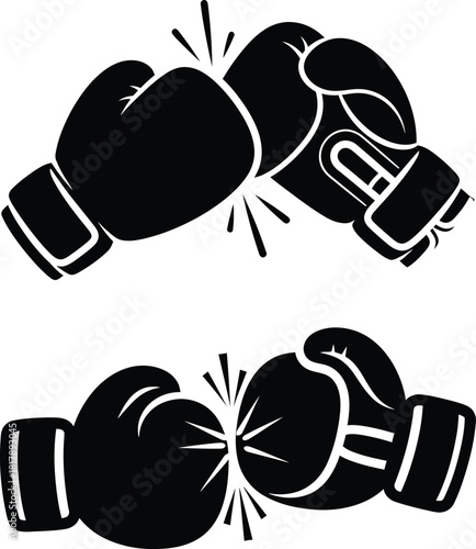 Two pairs of boxing gloves depicted in impact, showing a powerful clash during a match