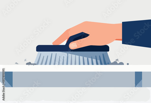 A hand, clad in a navy sleeve, uses a blue brush to sweep particles from a white surface