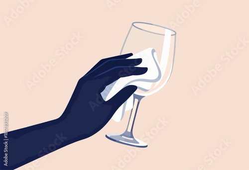 An illustration shows a dark hand holding a white cloth cleaning a wine glass with a light pink background