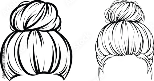 Various womens hair bun styles presented in line art for fashion and beauty projects
