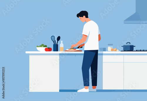 A person in a kitchen prepares food, standing by a countertop with ingredients and cooking utensils