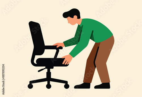 A simplified illustration shows a person adjusting a black office chair, set on a beige background