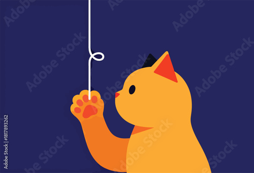 A playful cartoon cat with orange fur and a dark blue background, reaching for a white string