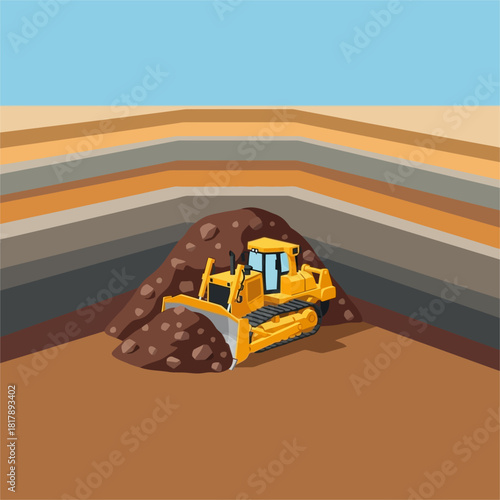 Powerful yellow bulldozer moving a large pile of earth.