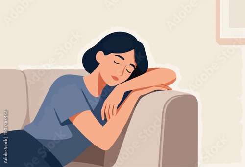 A person with dark hair rests peacefully on a sofa, eyes closed, with a soft color palette
