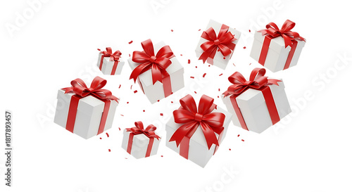 Collection of christmas presents with red ribbons isolated on transparent background
