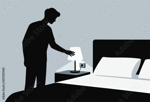 A silhouette of a person reaches to turn on a lamp next to a bed in a simple, grayscale illustration