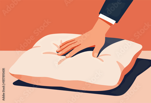 Vector illustration of a hand gently pressing down on a pillow, suggesting softness and comfort