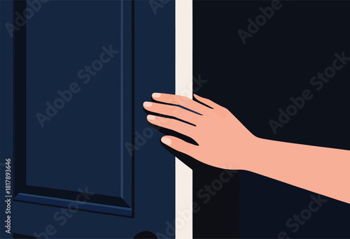 A hand, reaching towards a dark blue door, is partially illuminated by light. A dark, empty space is visible