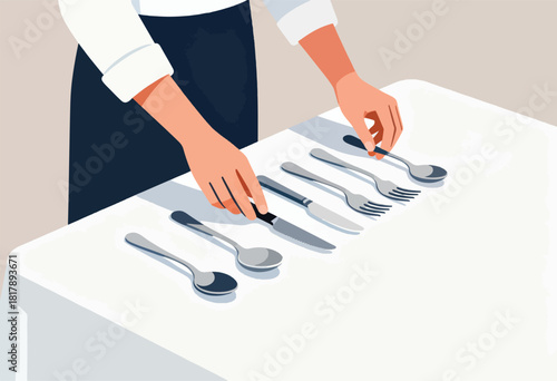 An illustrated server setting a table with flatware, close-up with light and shadow