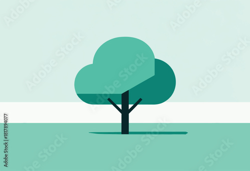 Simple, geometric illustration of a tree with a cloud-like canopy against a gradient sky and ground