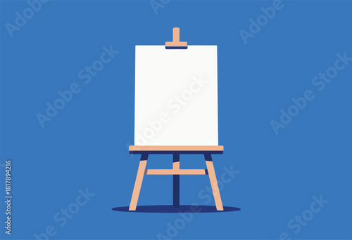 A minimalist illustration of a wooden easel with a blank canvas set against a solid blue background