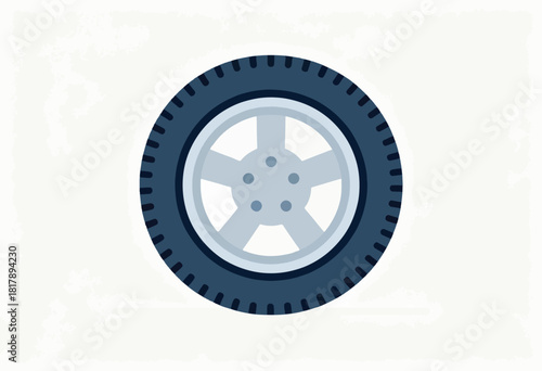 A flat, stylized illustration of a car wheel, featuring a dark blue tire with tread and a light grey rim